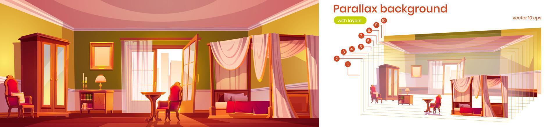 fondo de paralaje del dormitorio con cama con dosel vector