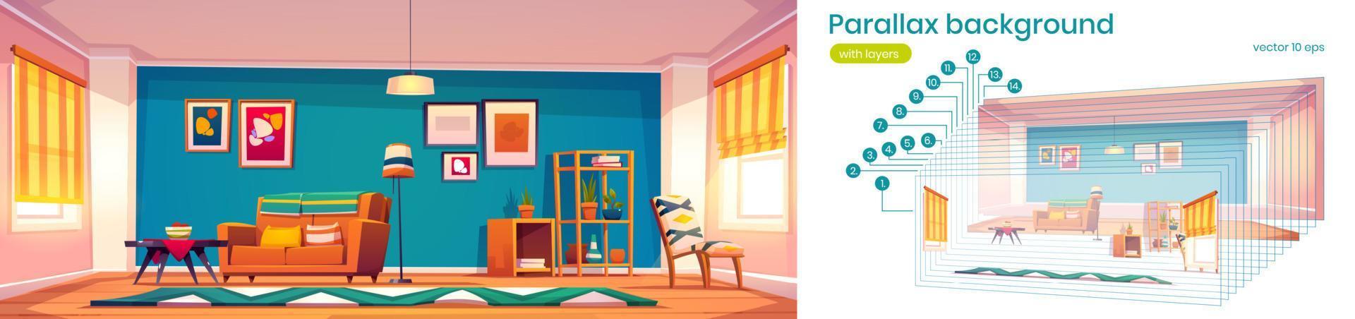 Parallax game background with modern living room vector