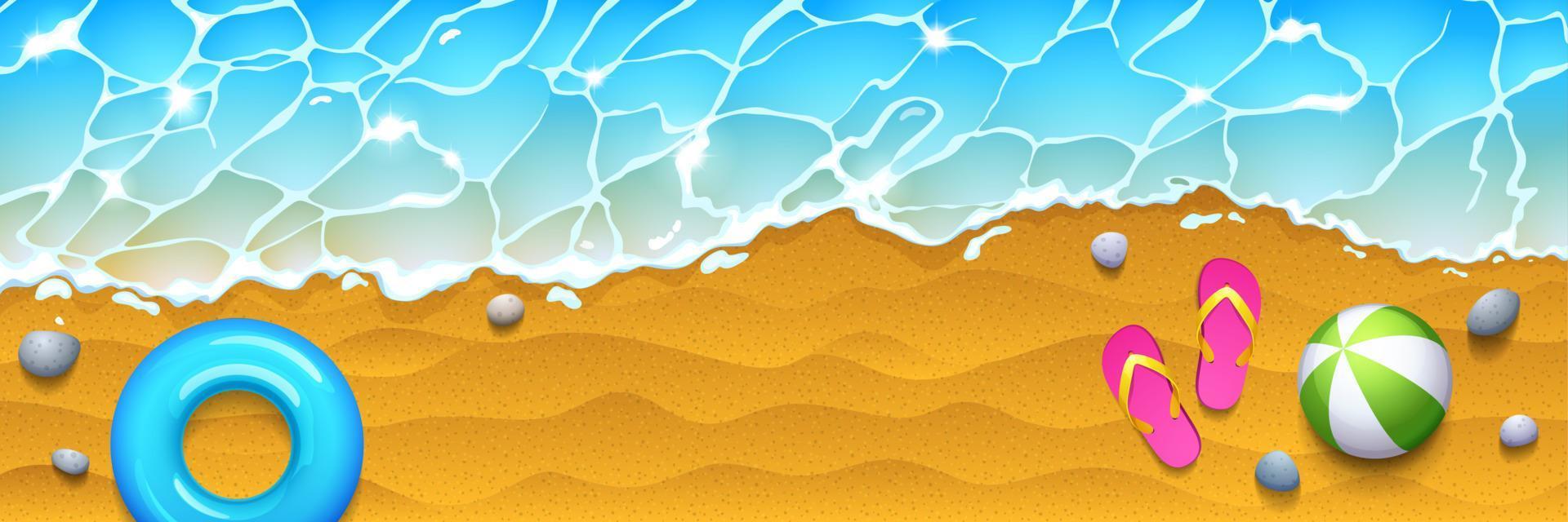 Sea beach top view, coastline with slippers, ball vector