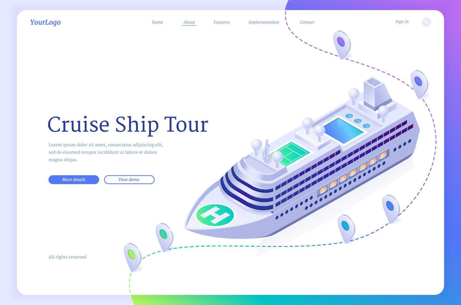 Cruise ship tour isometric landing page, sea liner vector