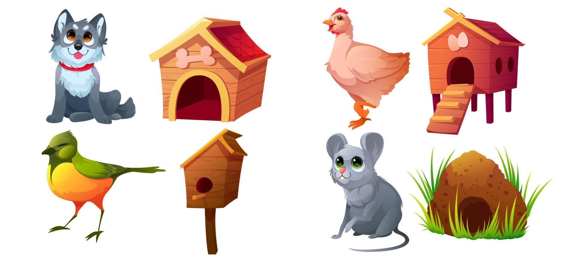 animales y hábitats, perro, pájaro, pollo, ratón vector