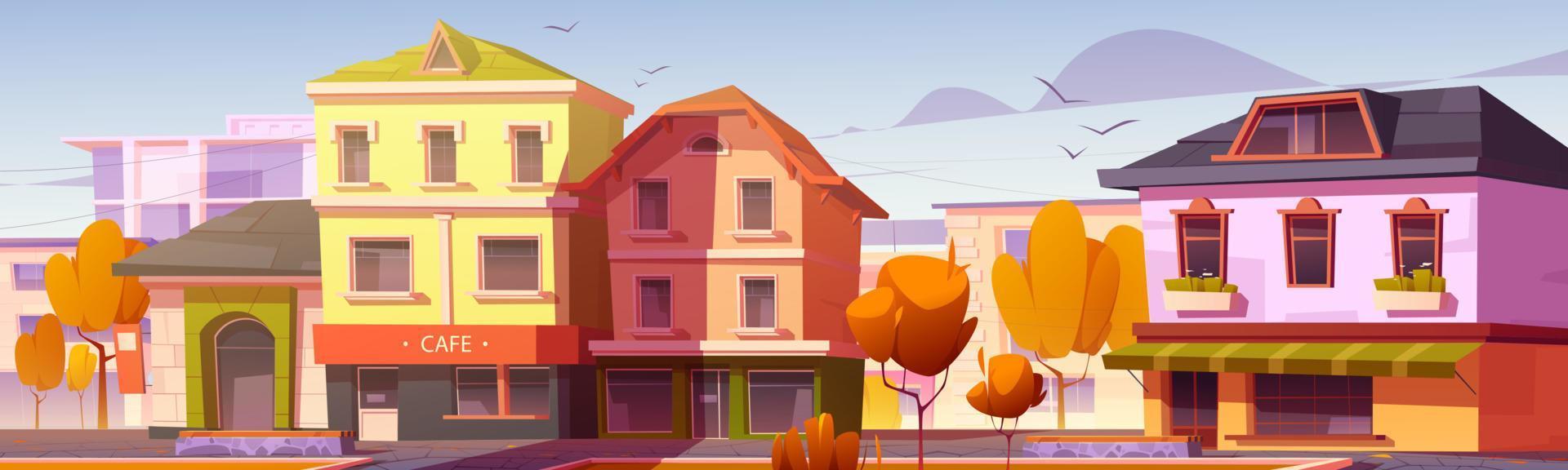 calle de la ciudad con café y árboles de otoño vector