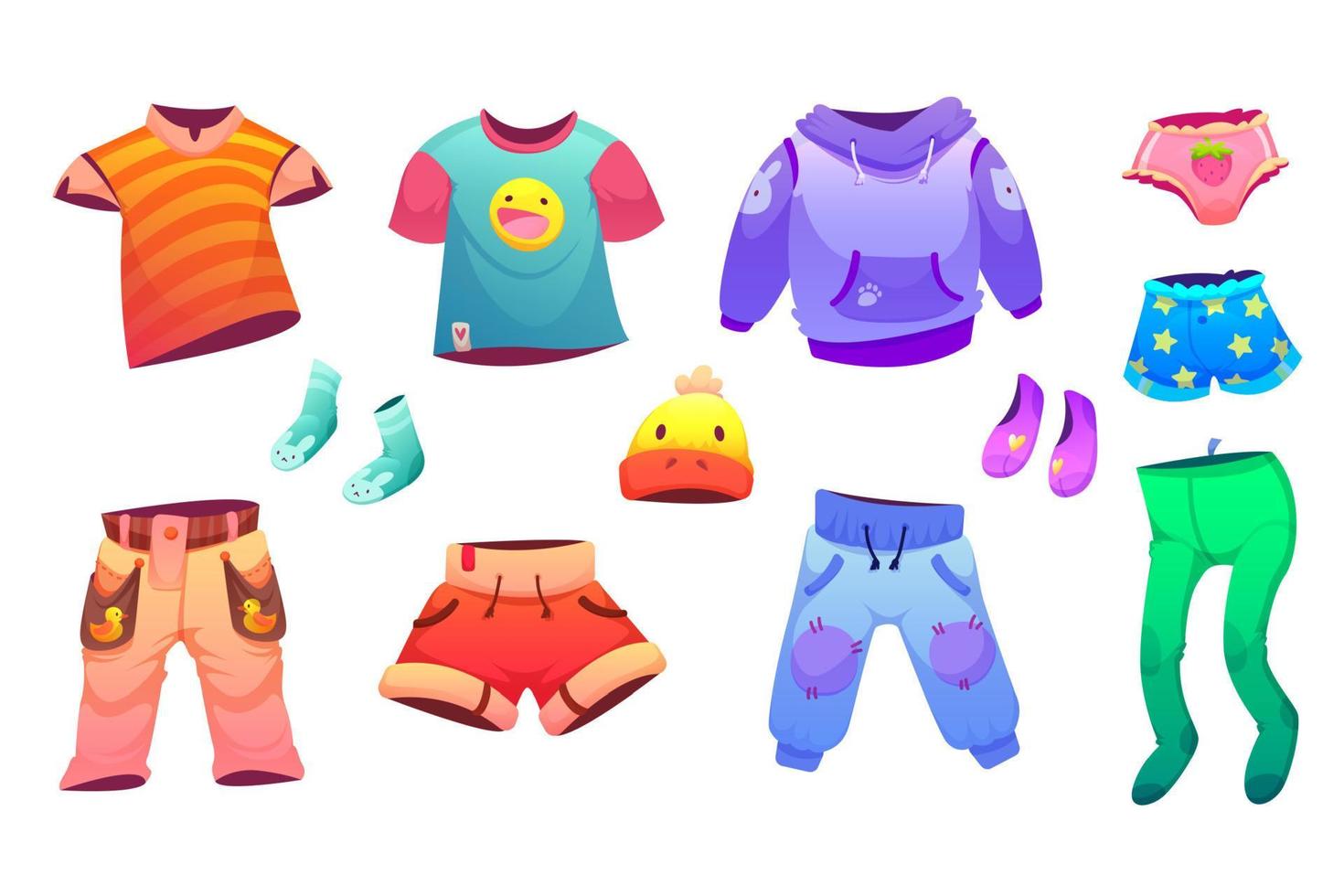 Kids clothes, cute baby fashion cartoon collection vector