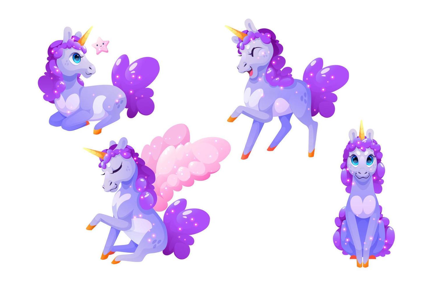 divertido personaje de unicornio en diferentes poses vector