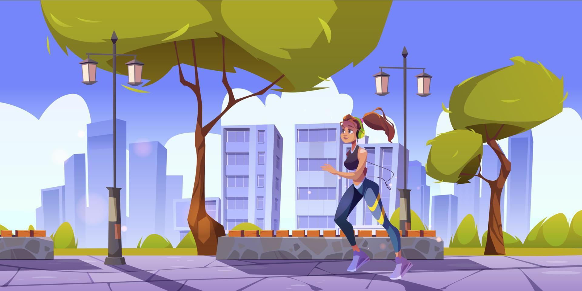 Girl in headphones runs in town park at morning vector