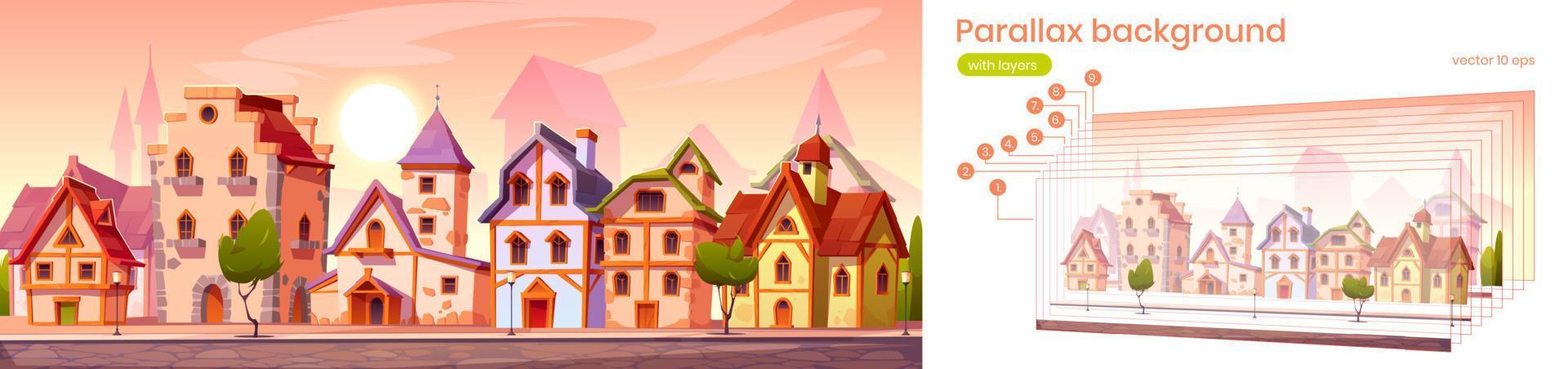 Parallax background medieval town street vector