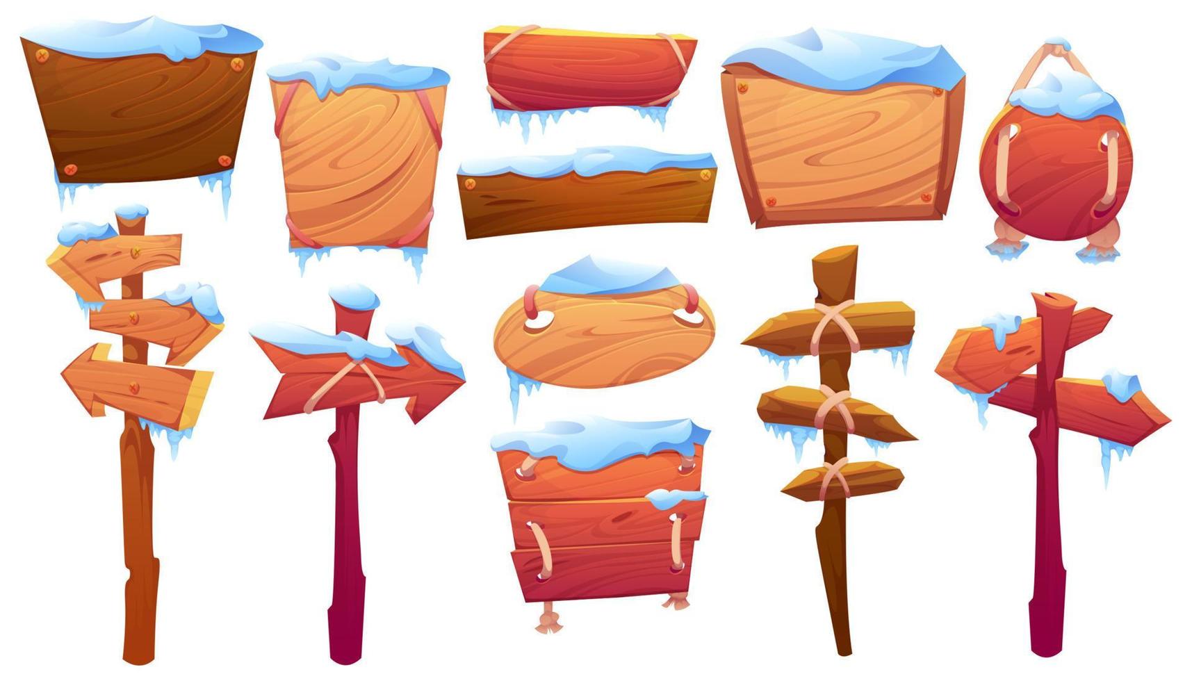 Wooden signboards, planks and pointers with snow vector