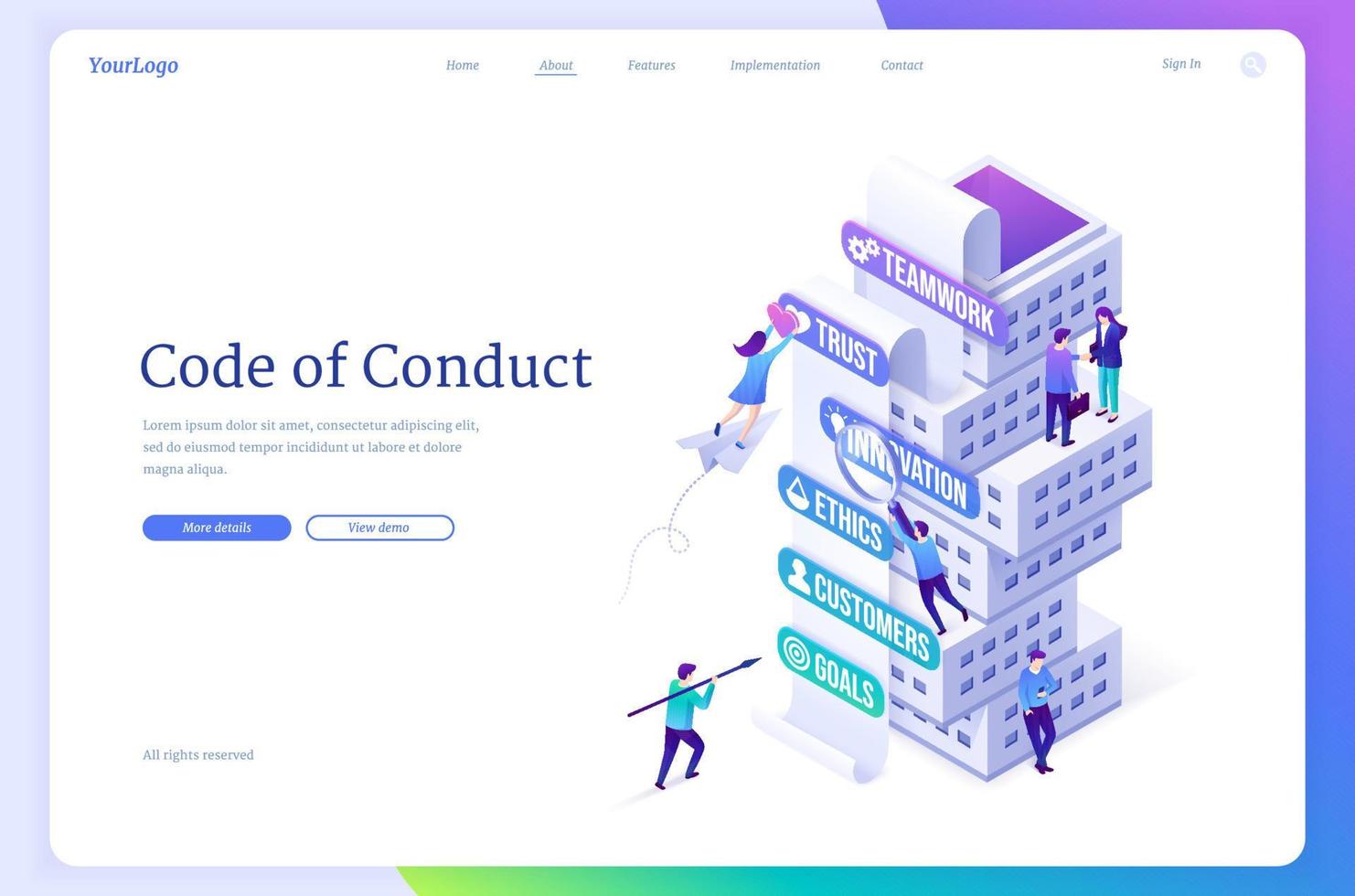 Code of conduct isometric landing, business rules vector