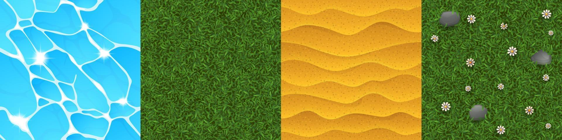 Game textures of water, green lawn, sand and grass vector