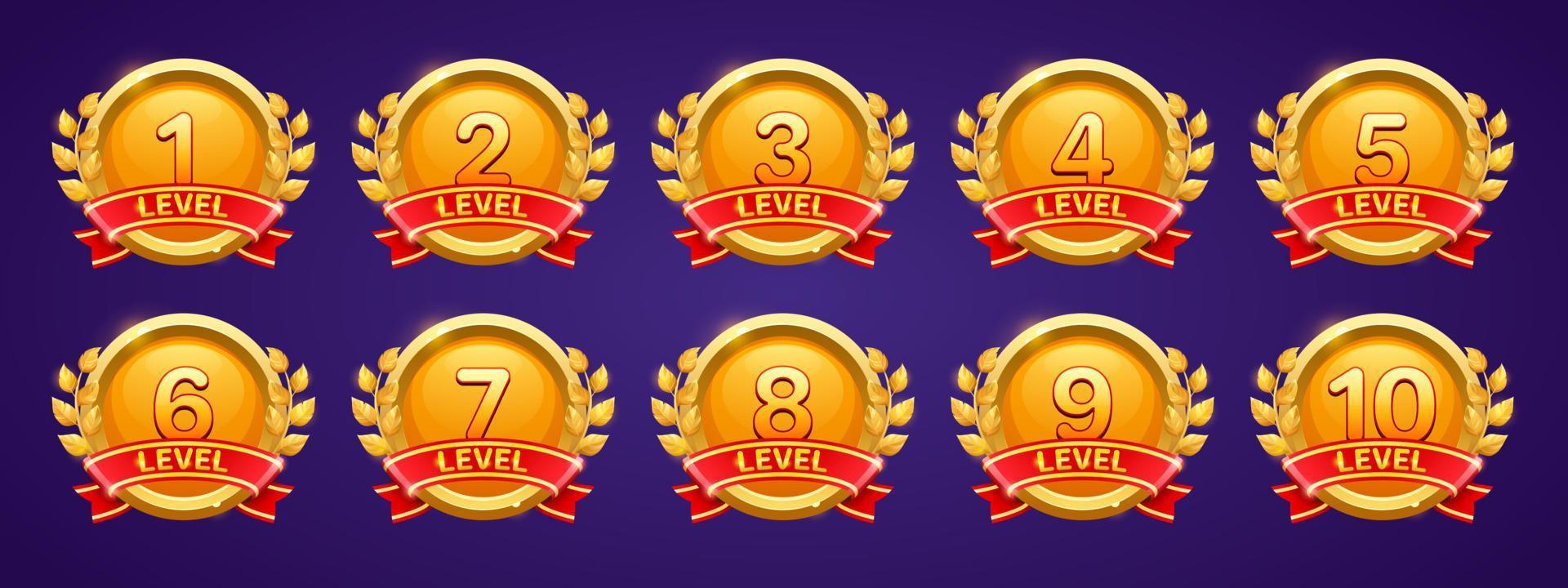 Gold badges with level number for game ui design vector
