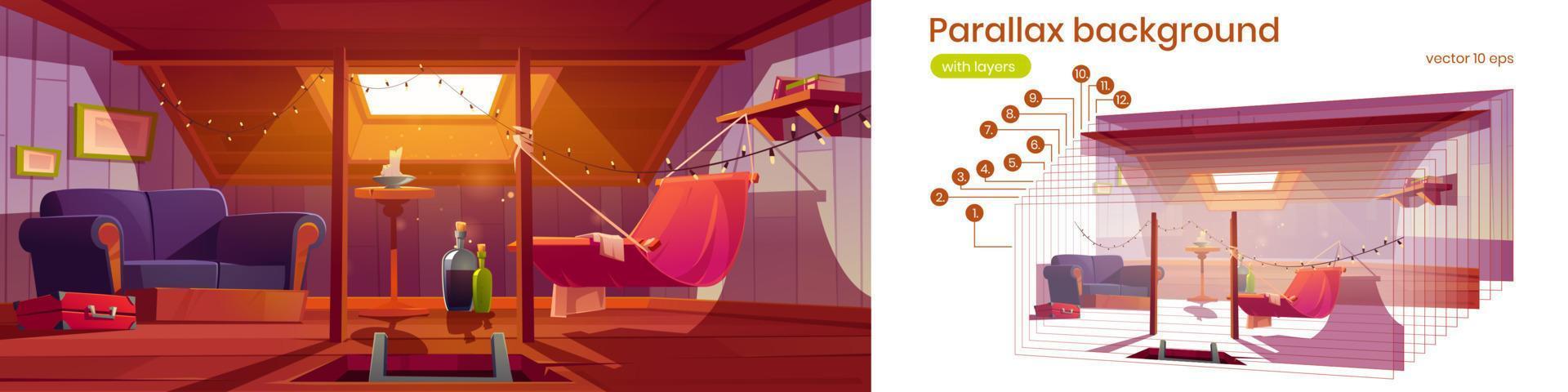 Parallax background with attic room with hammock vector