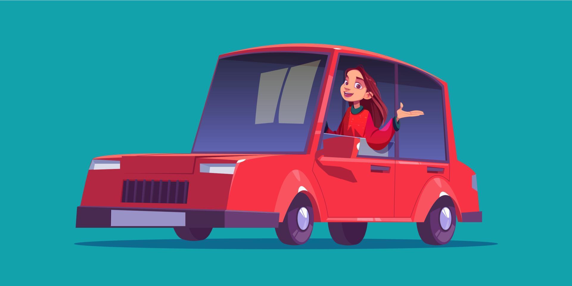 Happy girl driver sitting in red car vector