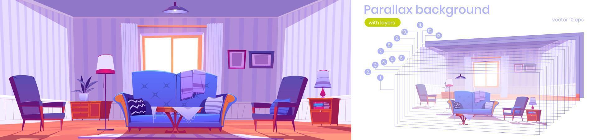Parallax background of living room with blue sofa vector