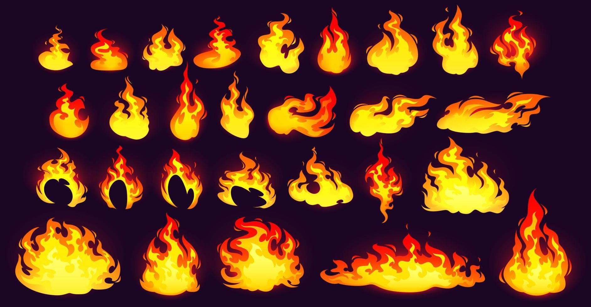 Burning fire collection, yellow and orange flame vector