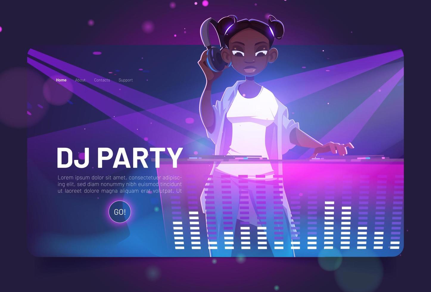 Dj party cartoon landing page, girl disc jockey vector