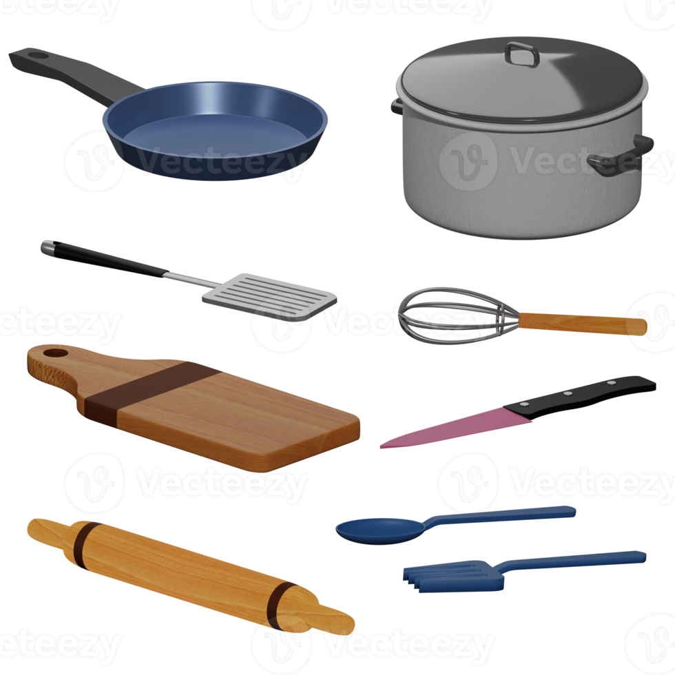 3d rendered kitcheware includes fork, spoon, knife, cutting board, frying pan, rolling pin, whisk, pot perfect for design project png