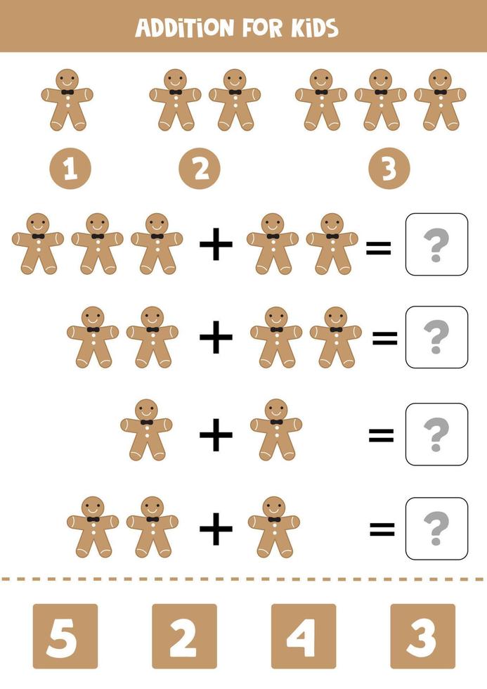 Addition for kids with cute gingerbread man. vector