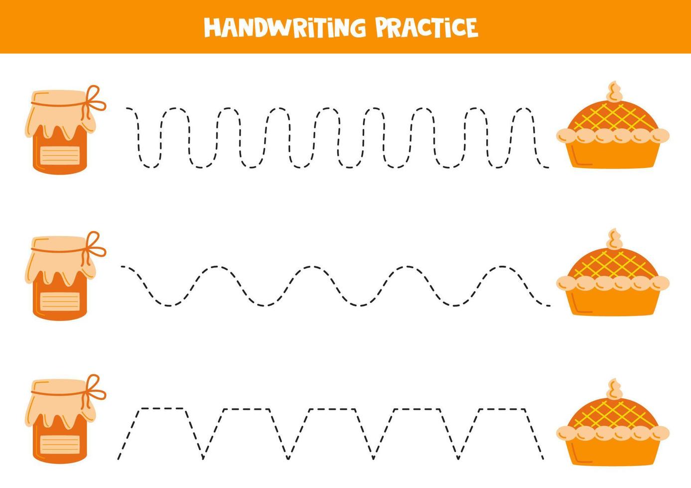 Tracing lines for kids. Jam jar and tasty pie. Writing practice. vector