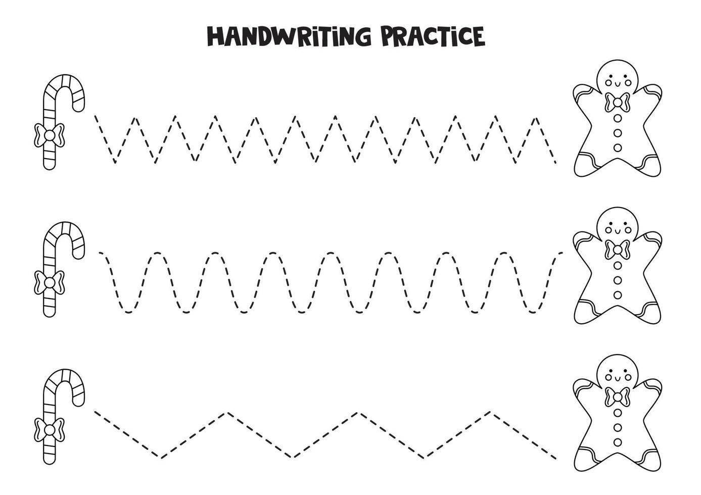 Tracing lines for kids. Candy cane and gingerbread man. Black and white