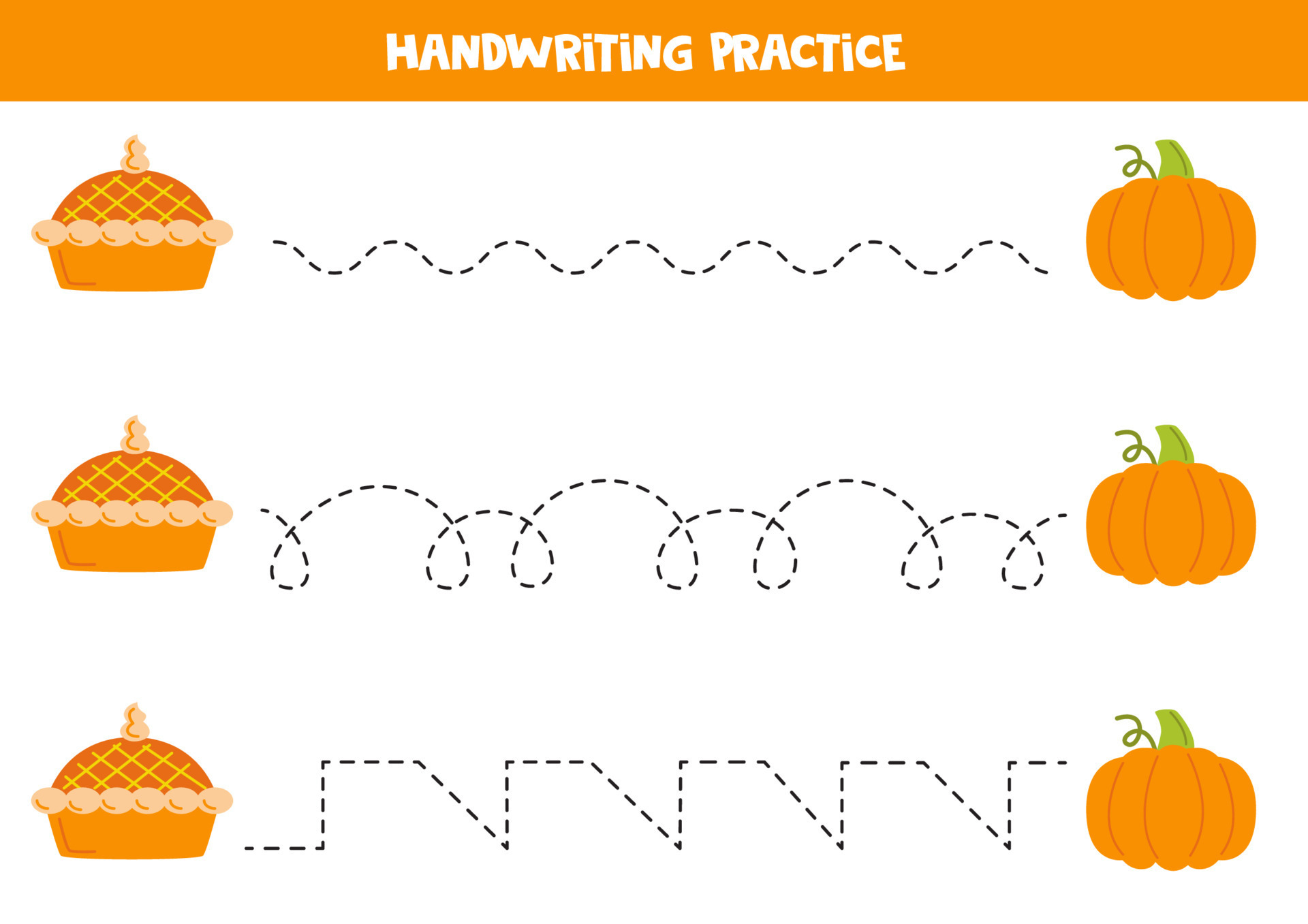 Tracing lines for kids. Cute pumpkin and pie. Writing practice