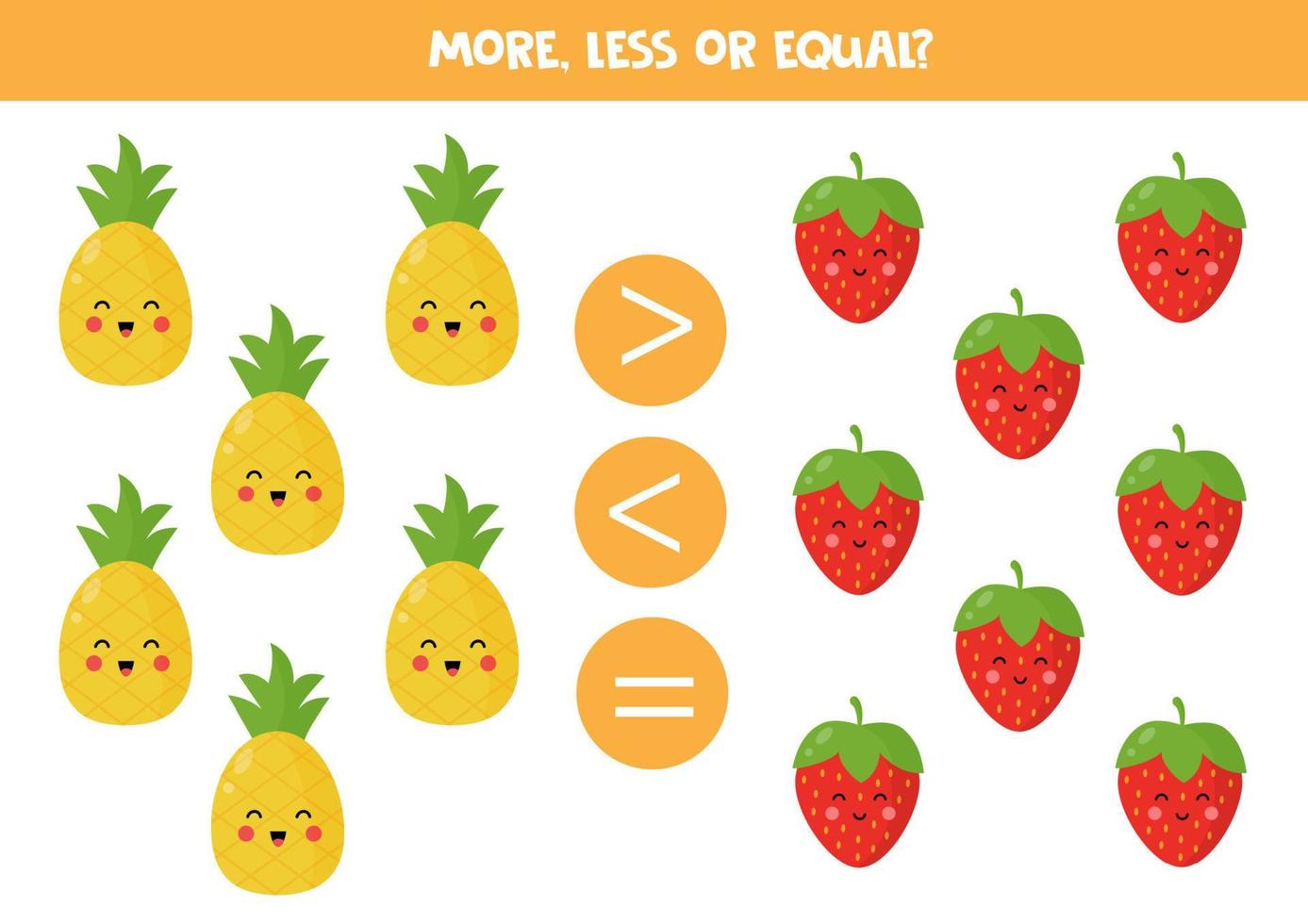 More, less or equal with cute cartoon fruits and berries. vector
