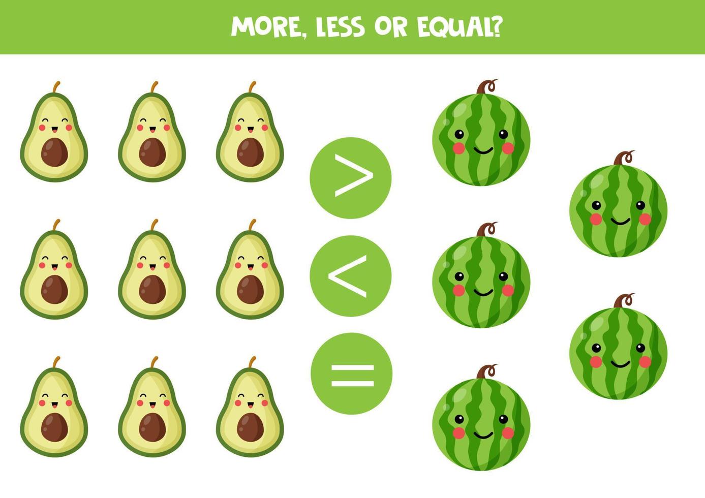 More, less or equal with cute cartoon fruits. vector