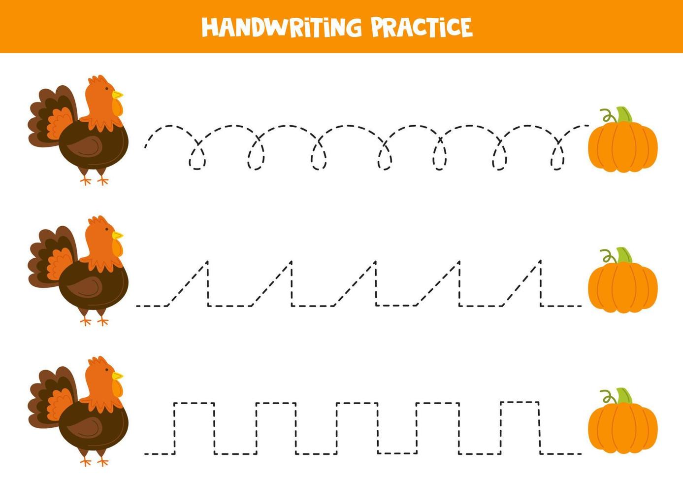 Tracing lines for kids. Cute turkey and pumpkin. Writing practice. vector