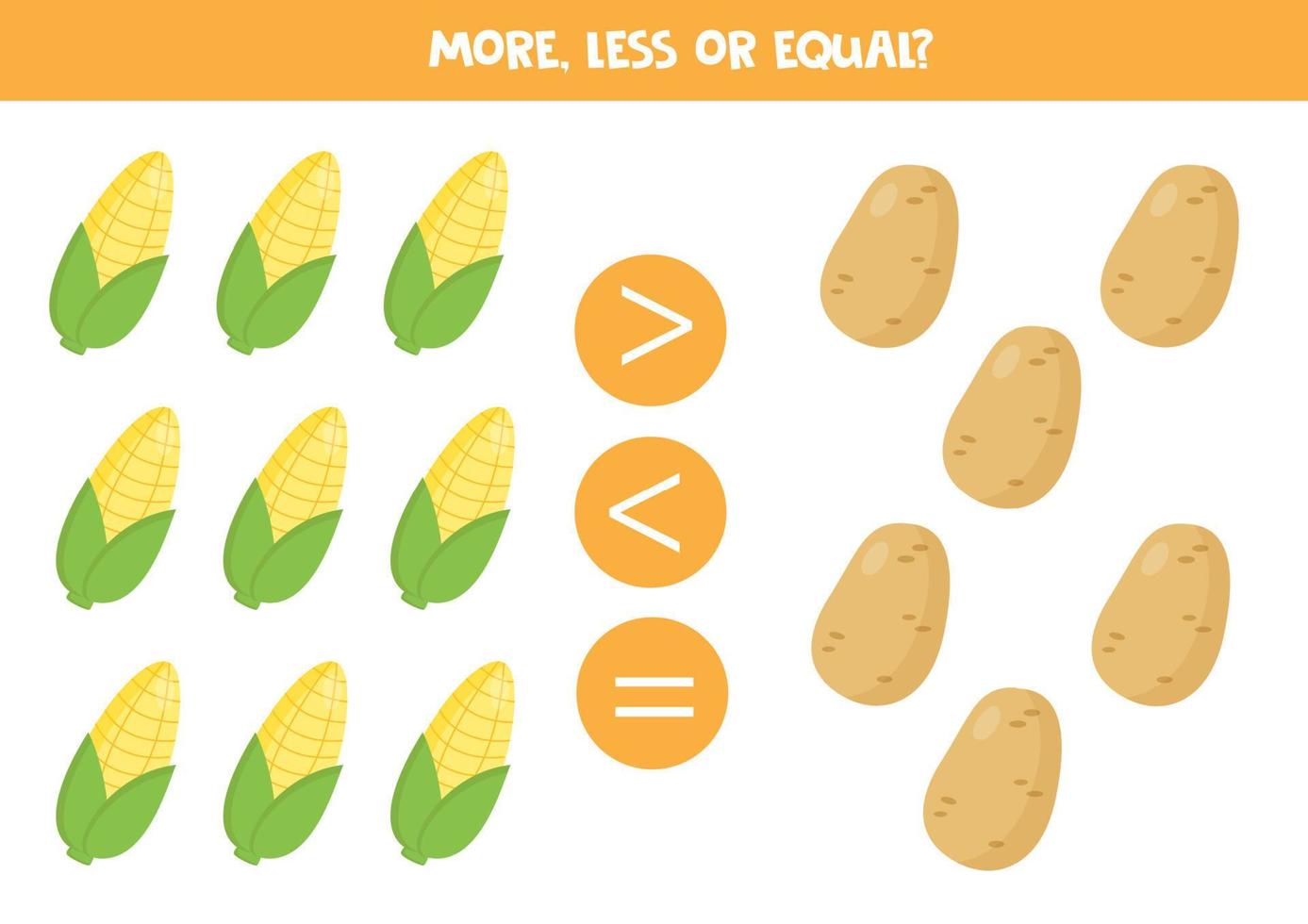 More, less or equal with cute cartoon vegetables. vector