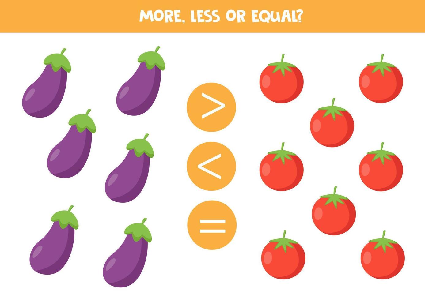 More, less or equal with cute cartoon vegetables. vector