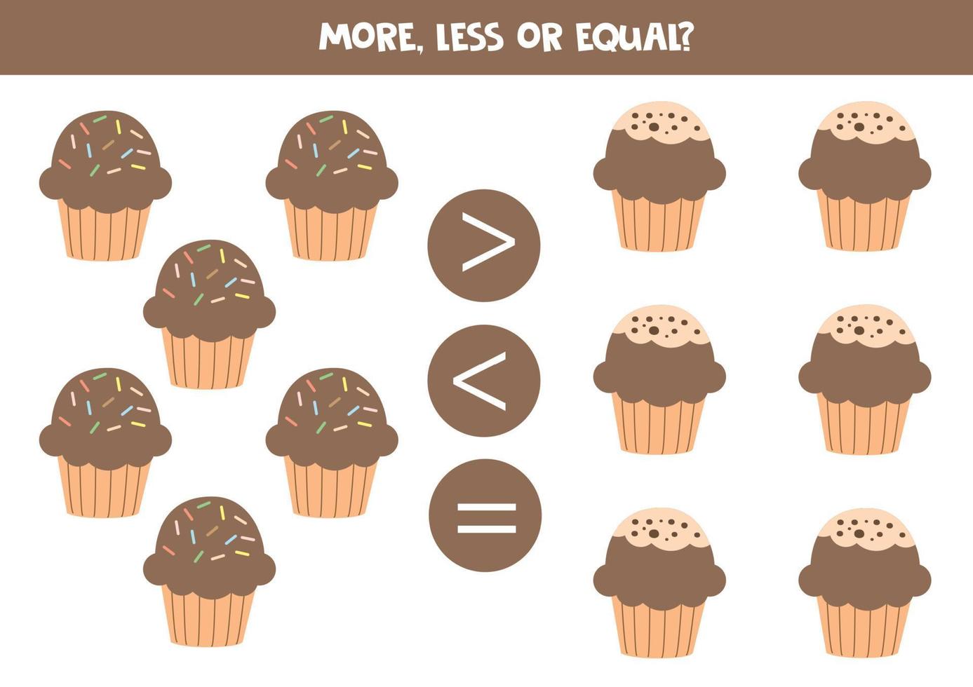 más, menos o igual con cupcakes o muffins de dibujos animados. vector