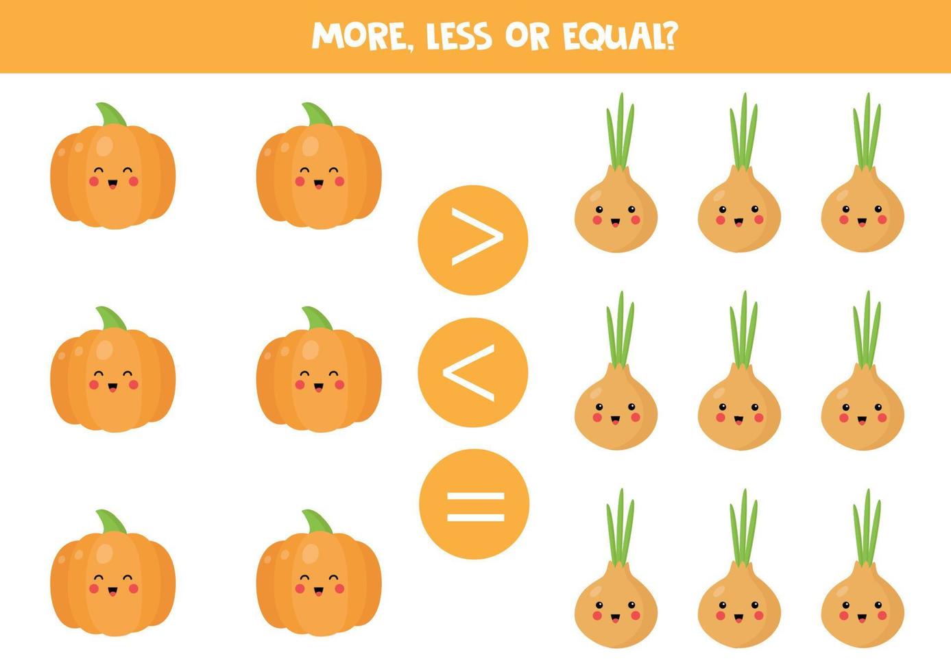 More, less or equal with cute cartoon vegetables. vector
