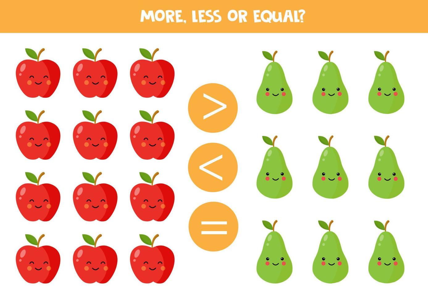 More, less or equal with cute cartoon fruits. vector