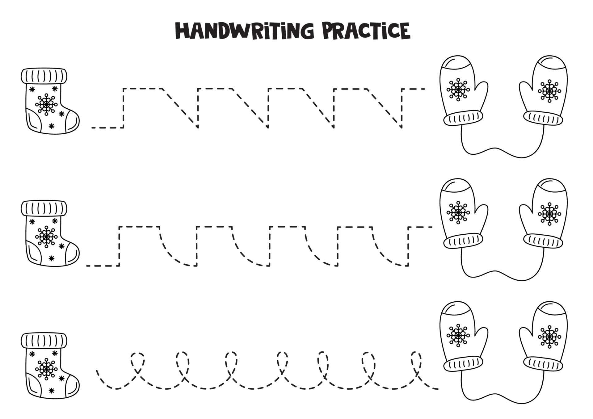 Tracing lines for kids. Christmas stocking and mittens. Black and white