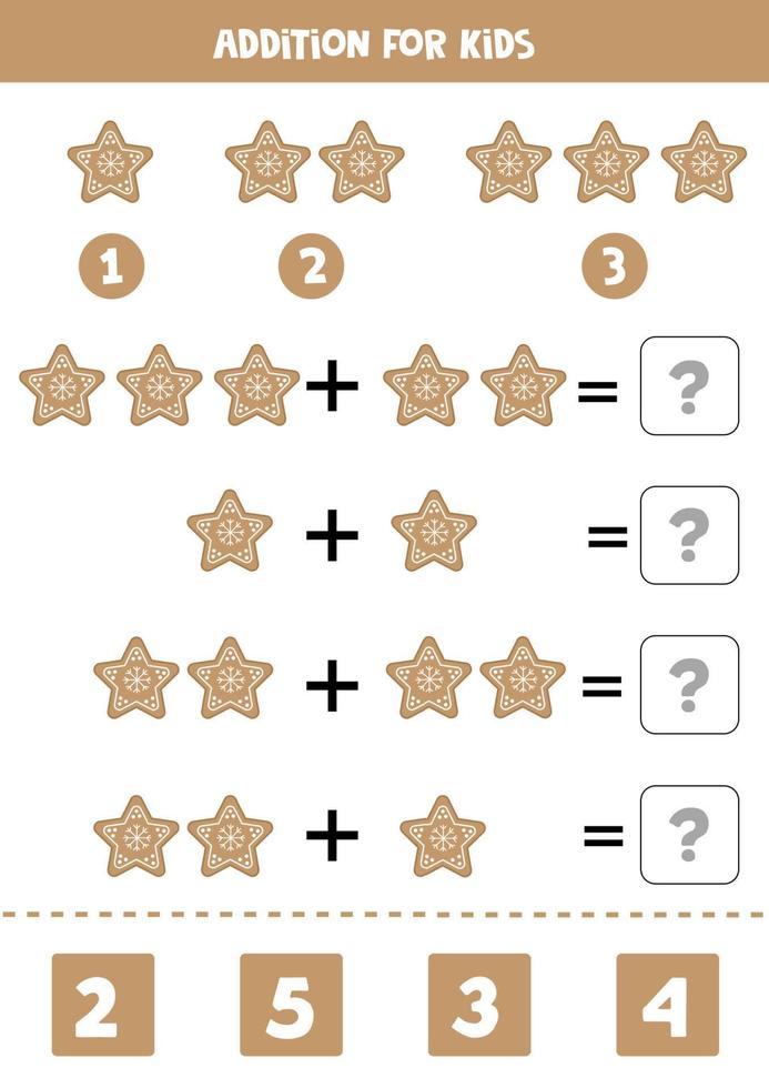 Addition for kids with cute gingerbread stars. vector