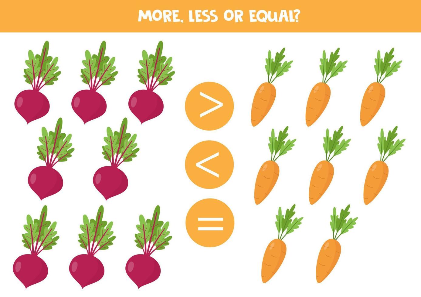 More, less or equal with cute cartoon vegetables. vector