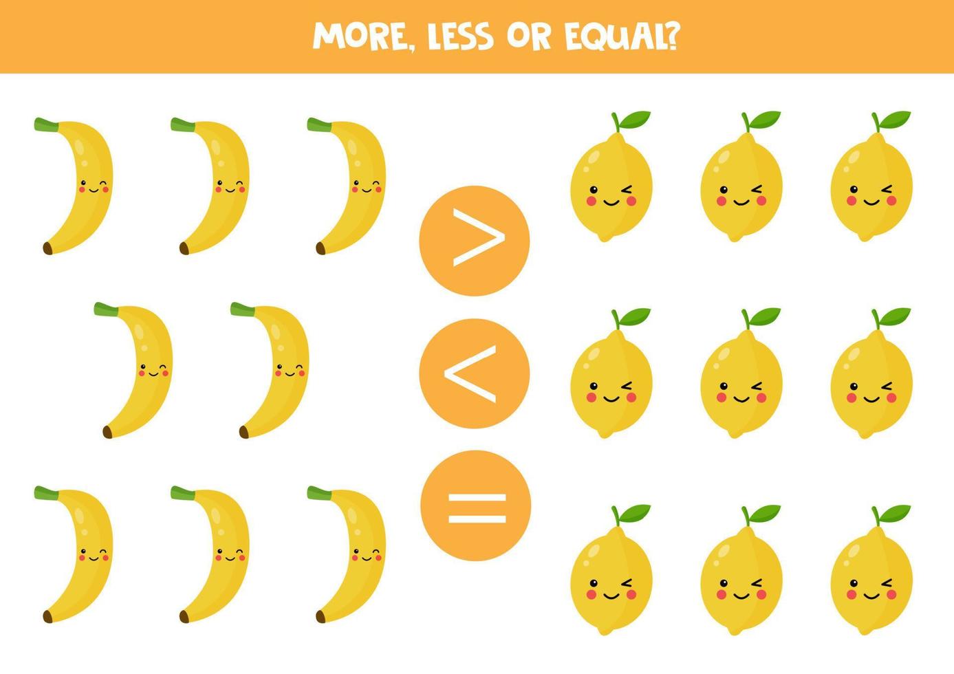 More, less or equal with cute cartoon fruits. vector