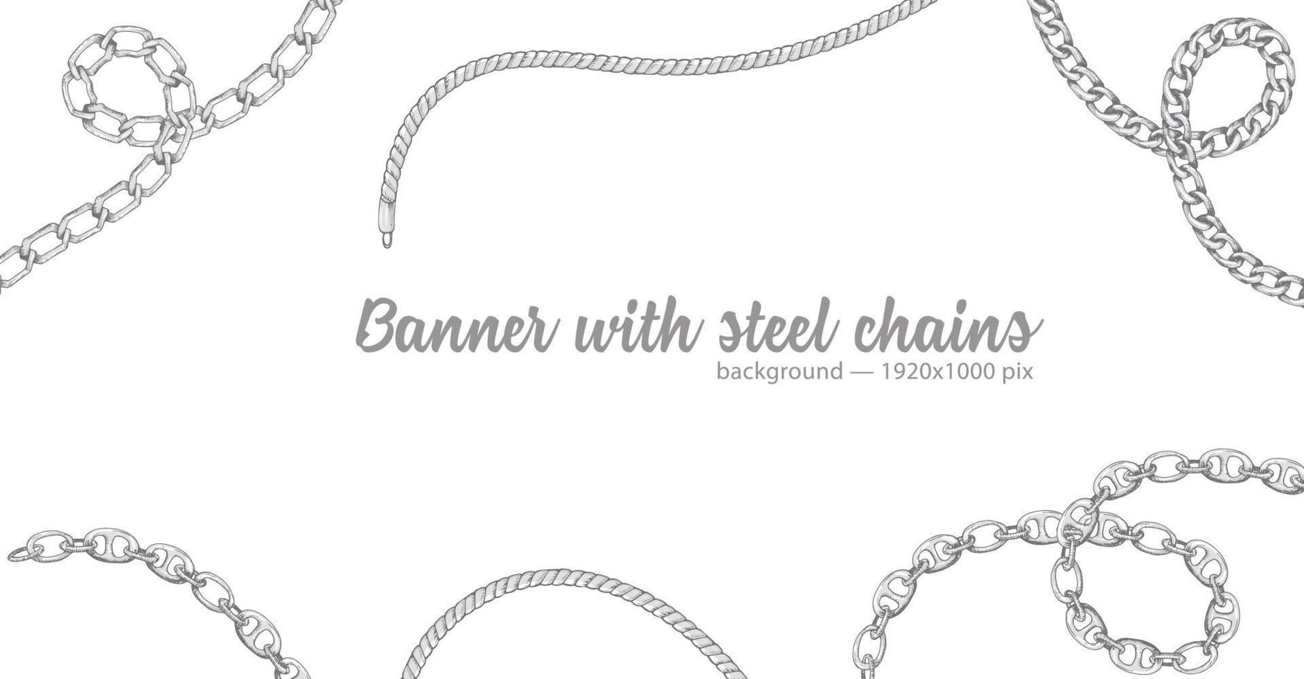 Horizontal web banner with abstract pattern of hand-drawn sketch silver chain isolated on white background vector