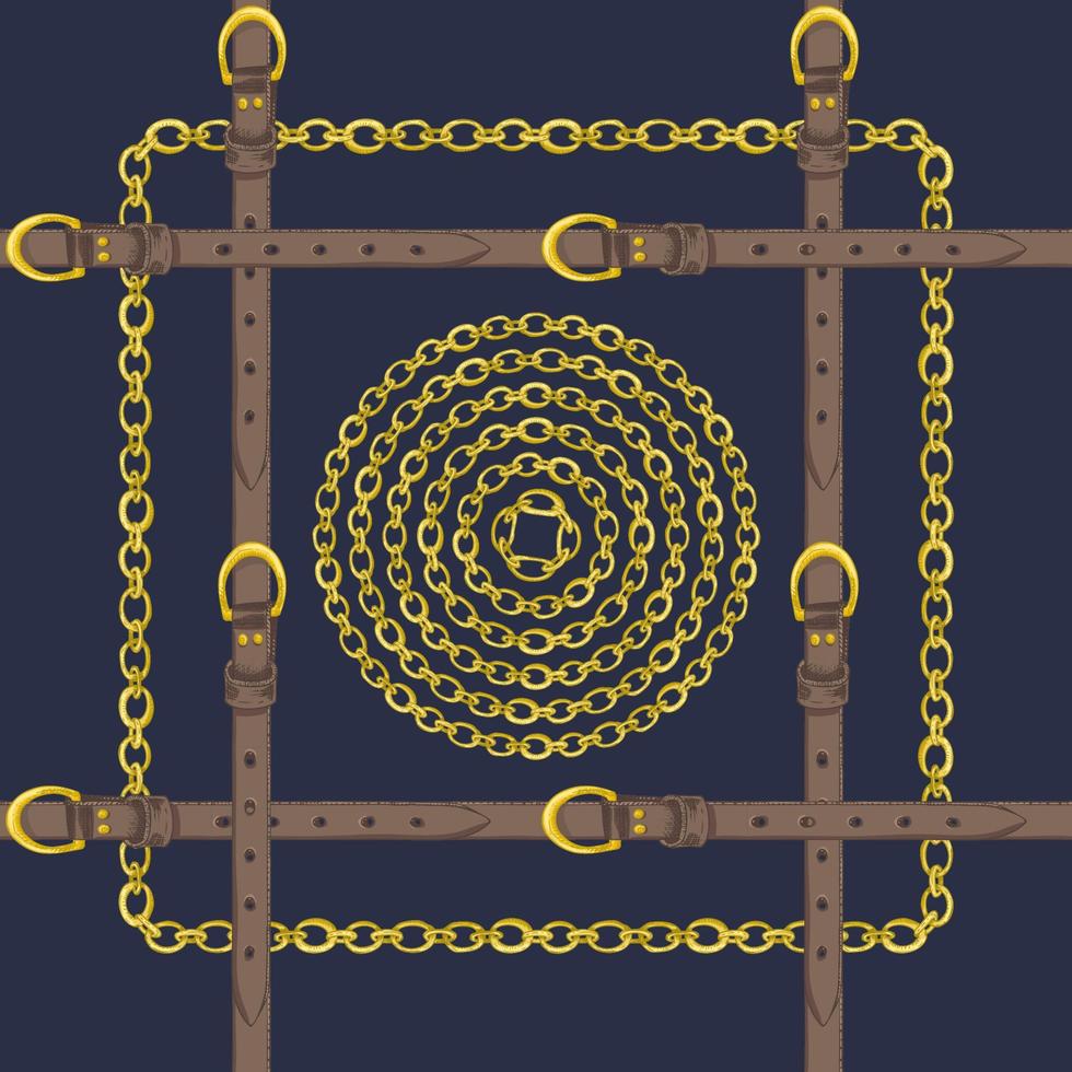 Seamless pattern with realistic hand drawn golden chains and brown leather belt Doodle sketch on dark blue background Square luxury ornament for fabric fashion design, web banner vector