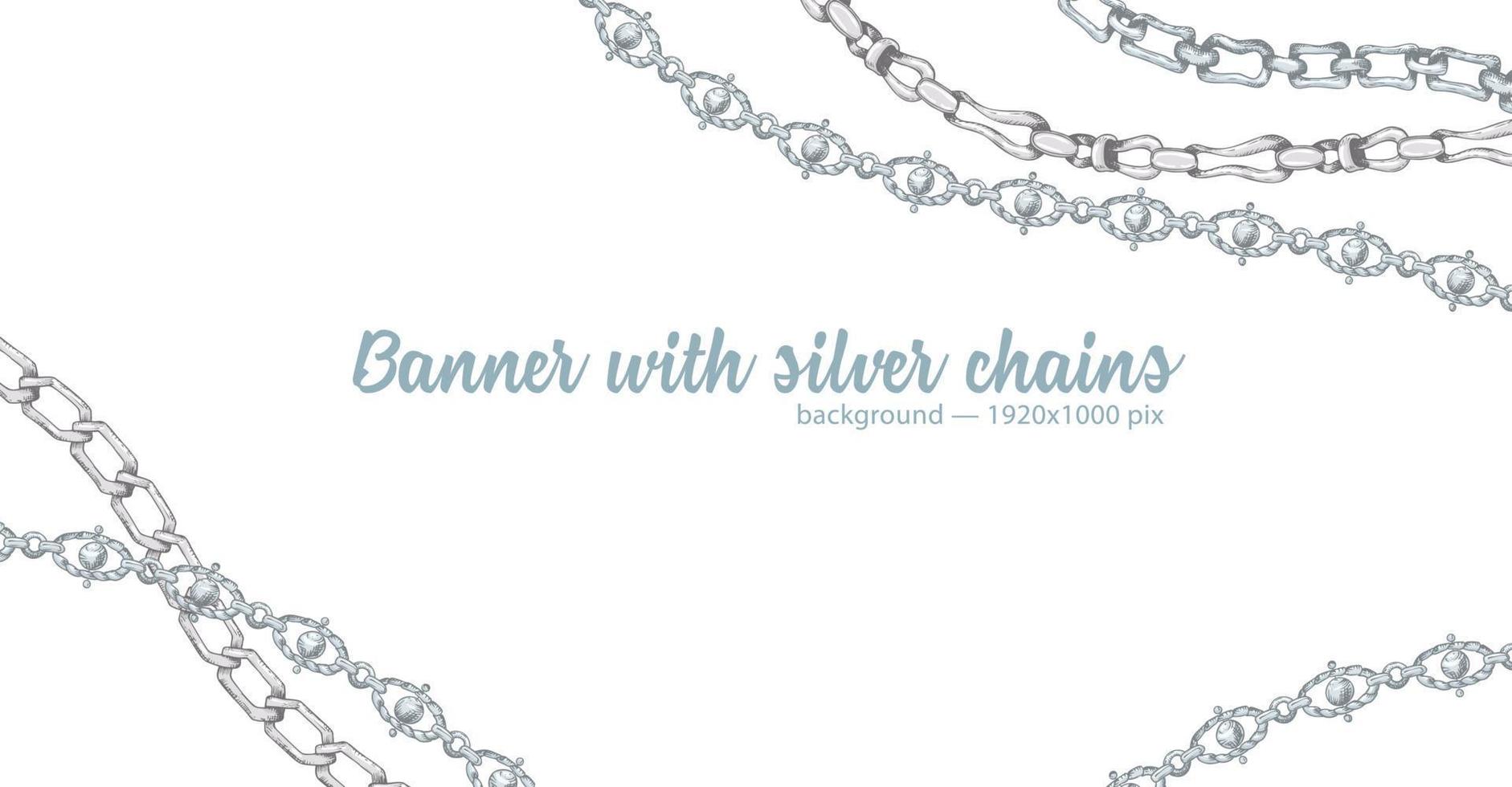 Horizontal web banner with abstract pattern of hand-drawn sketch silver chain isolated on white background vector