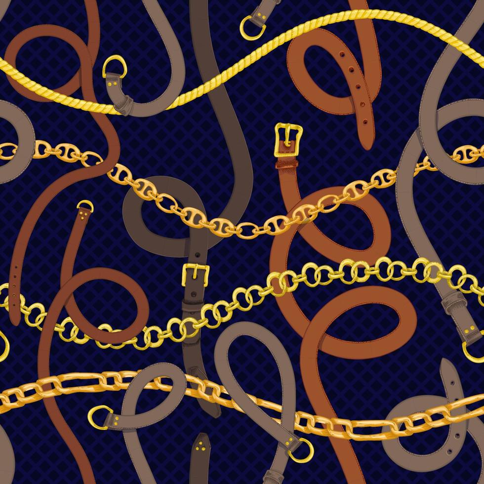 Seamless pattern with realistic hand drawn golden chains and brown leather belt Doodle sketch on dark blue background Square luxury ornament for fabric fashion design, web banner vector