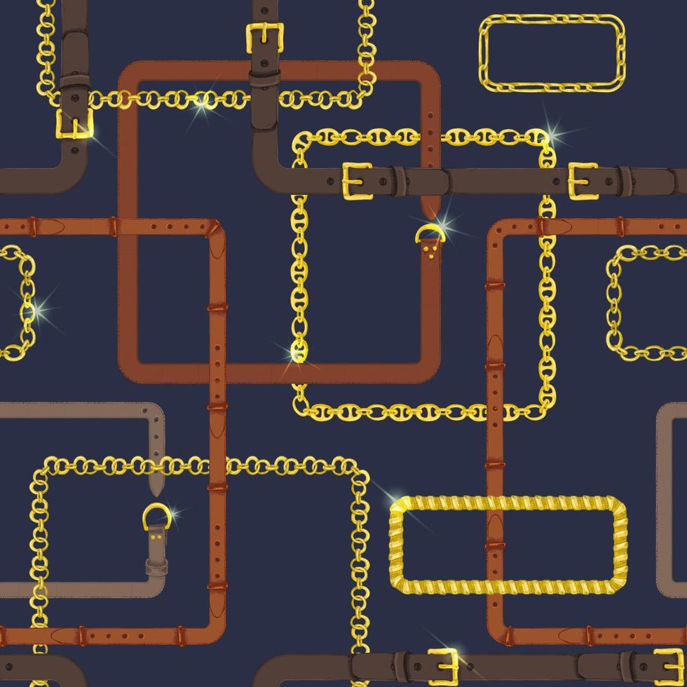 Seamless pattern with realistic hand drawn golden chains and brown leather belt Doodle sketch on dark blue background Square luxury ornament for fabric fashion design, web banner vector