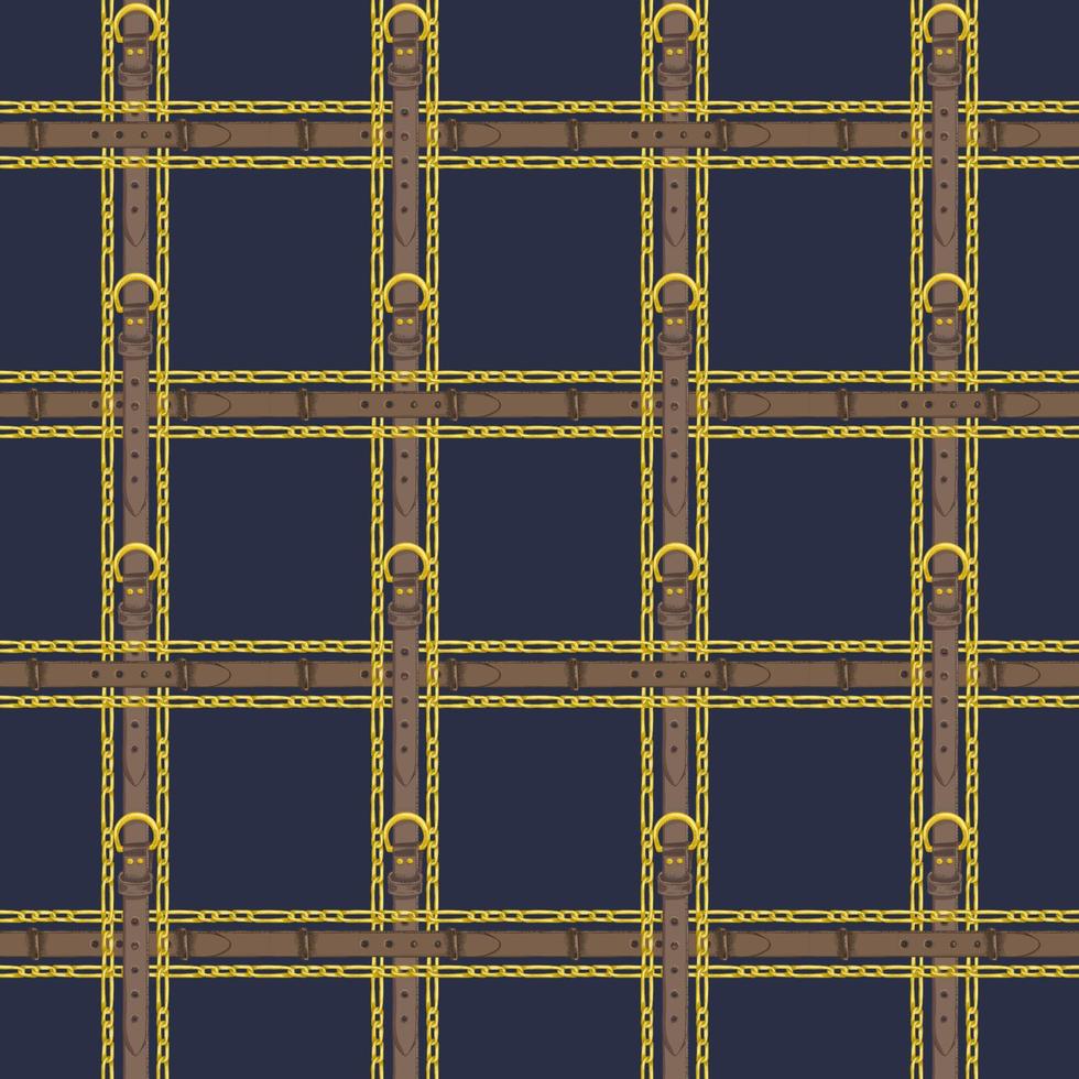 Seamless pattern with realistic hand drawn golden chains and brown leather belt Doodle sketch on dark blue background Square luxury ornament for fabric fashion design, web banner vector