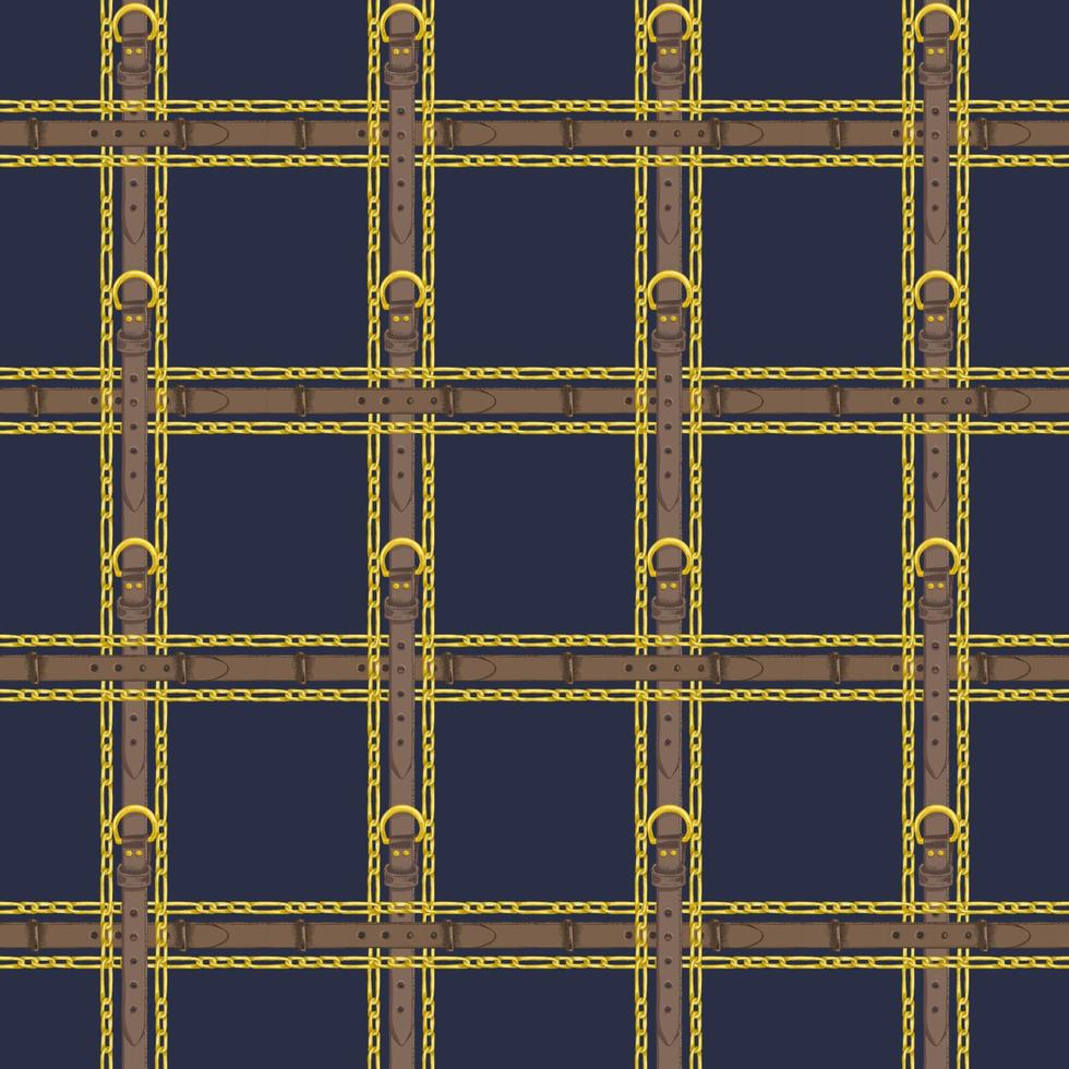 Seamless pattern with realistic hand drawn golden chains and brown leather belt Doodle sketch on dark blue background Square luxury ornament for fabric fashion design, web banner vector