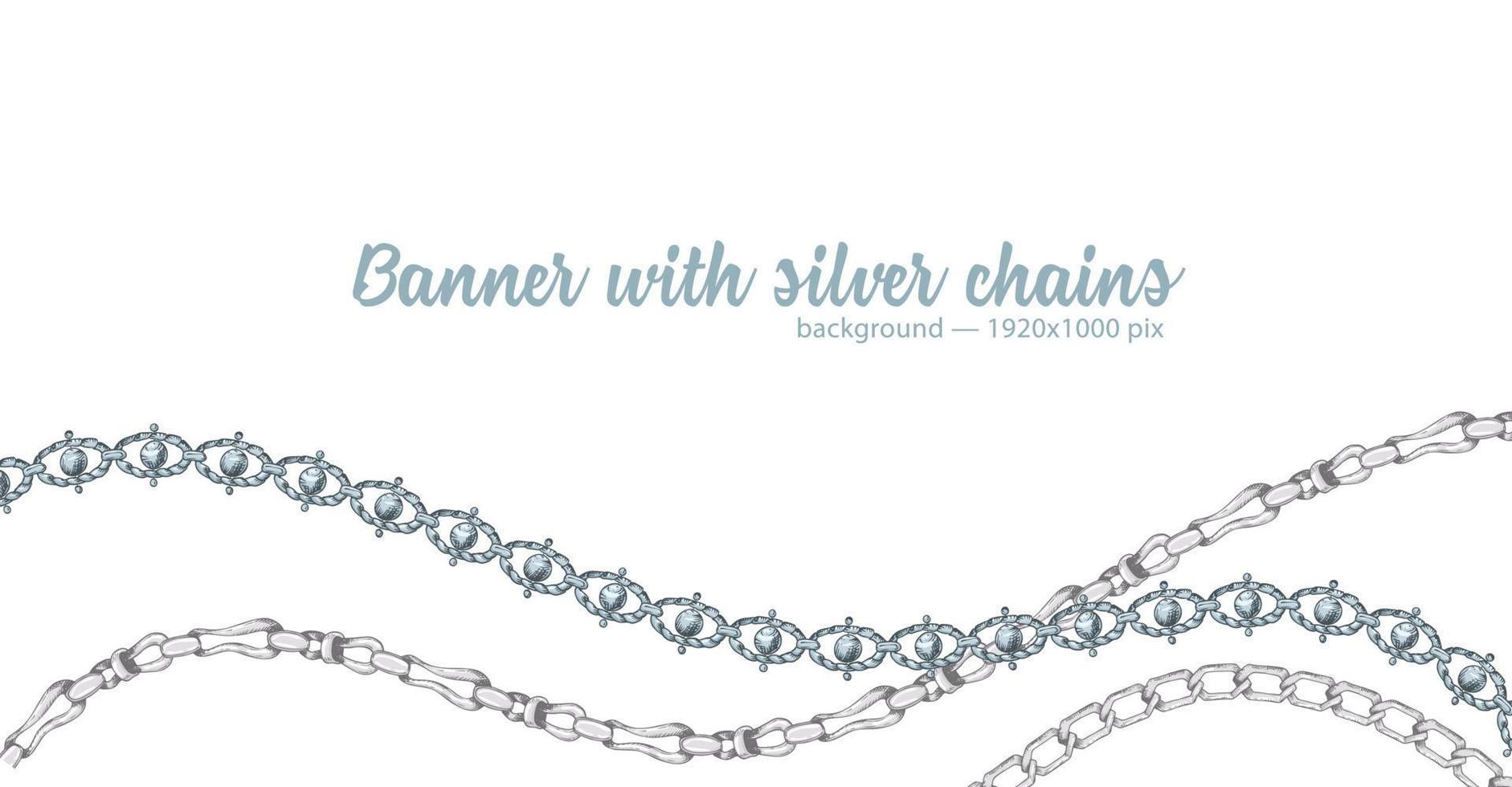 Horizontal web banner with abstract pattern of hand-drawn sketch silver chain isolated on white background vector