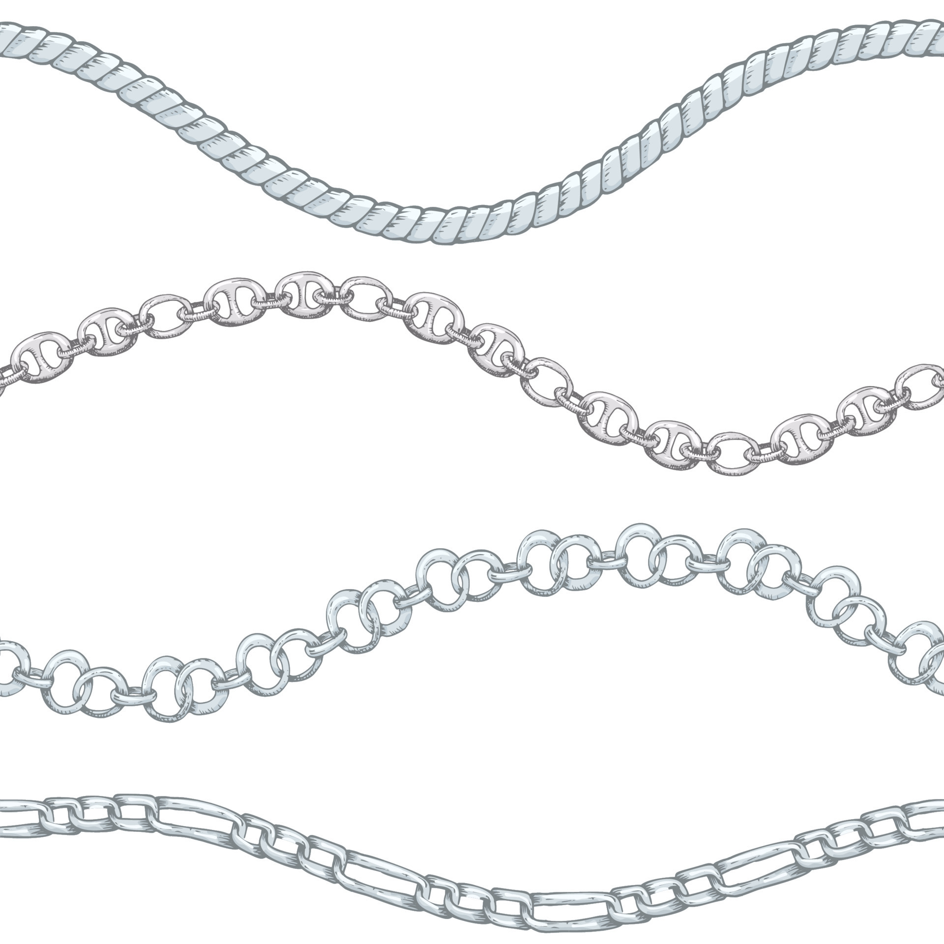 Seamless pattern with retro hand-drawn sketch silver chain on white
