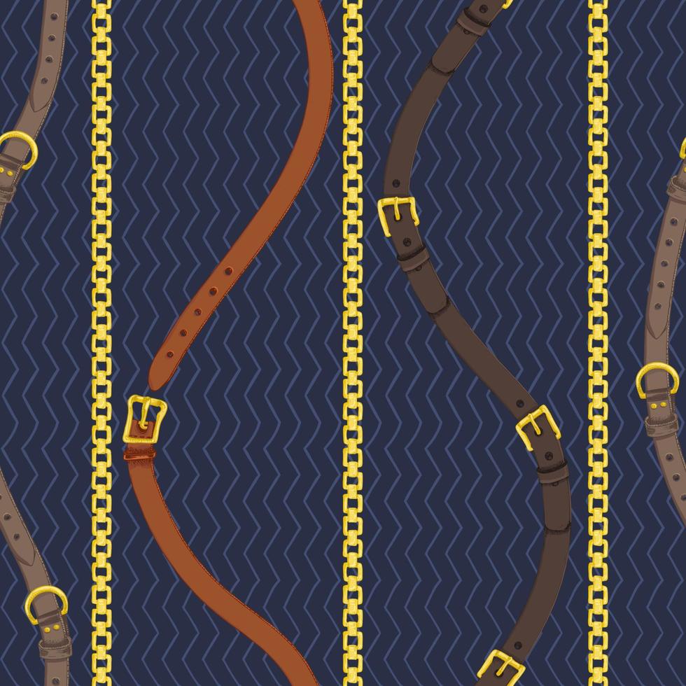 Seamless pattern with realistic hand drawn golden chains and brown leather belt Doodle sketch on dark blue background Square luxury ornament for fabric fashion design, web banner vector