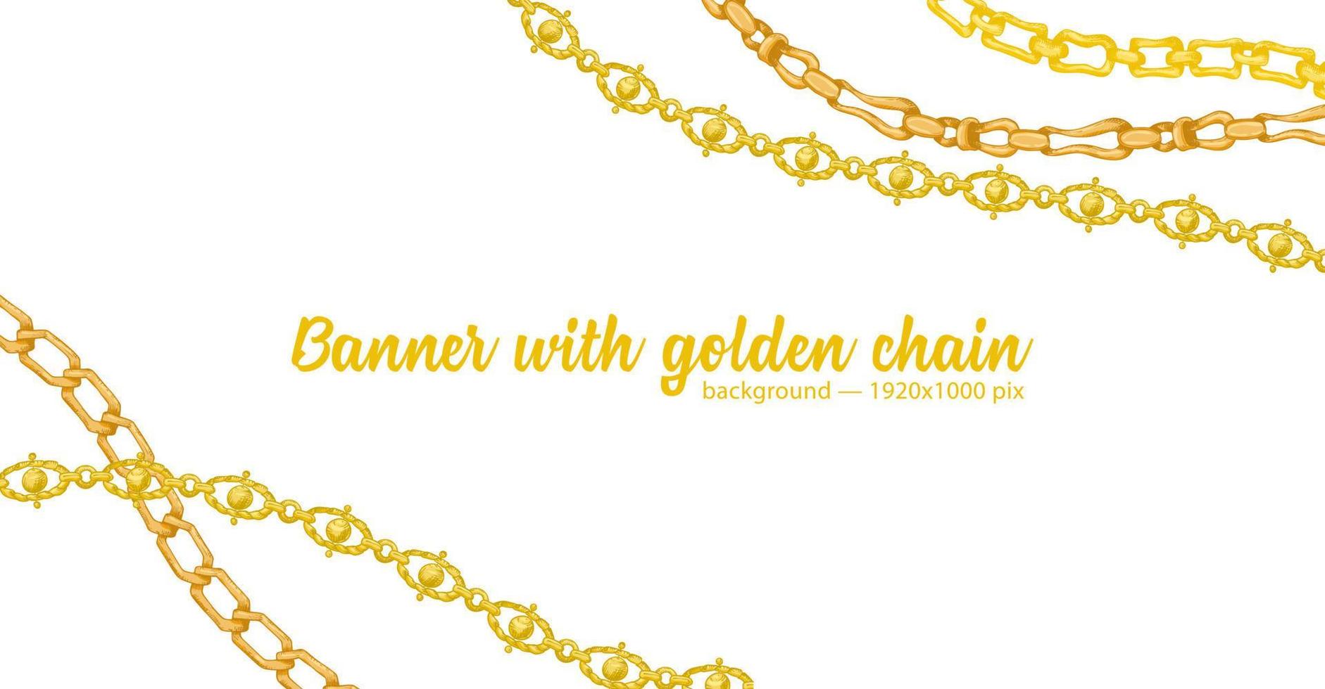 Horizontal web banner with abstract pattern of hand-drawn sketch golden chain isolated on white background vector