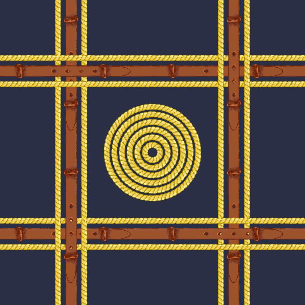 Seamless pattern with realistic hand drawn golden chains and brown leather belt Doodle sketch on dark blue background Square luxury ornament for fabric fashion design, web banner vector