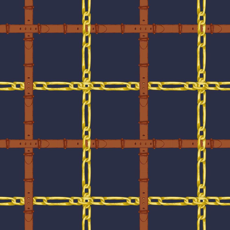 Seamless pattern with realistic hand drawn golden chains and brown leather belt Doodle sketch on dark blue background Square luxury ornament for fabric fashion design, web banner vector