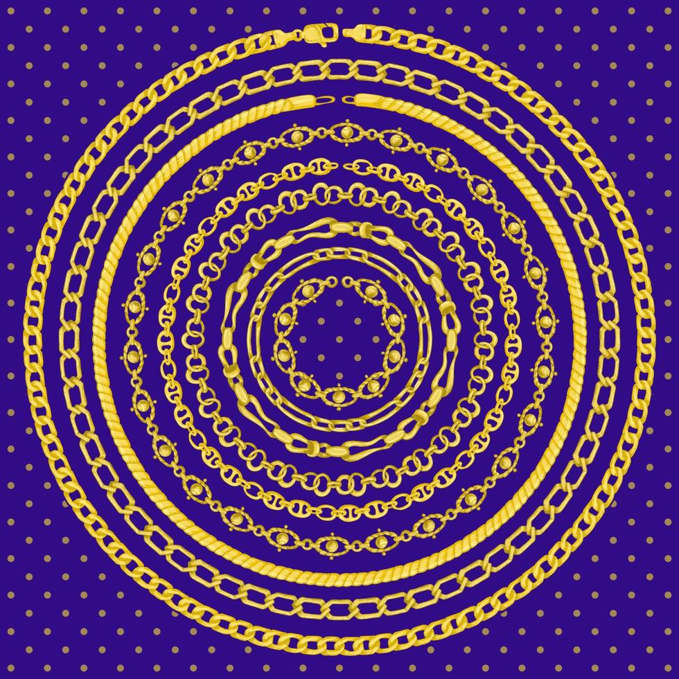 Border pattern with retro hand-drawn sketch golden chain on dark blue background. Tranding drawing print for scarf or bandana. vector
